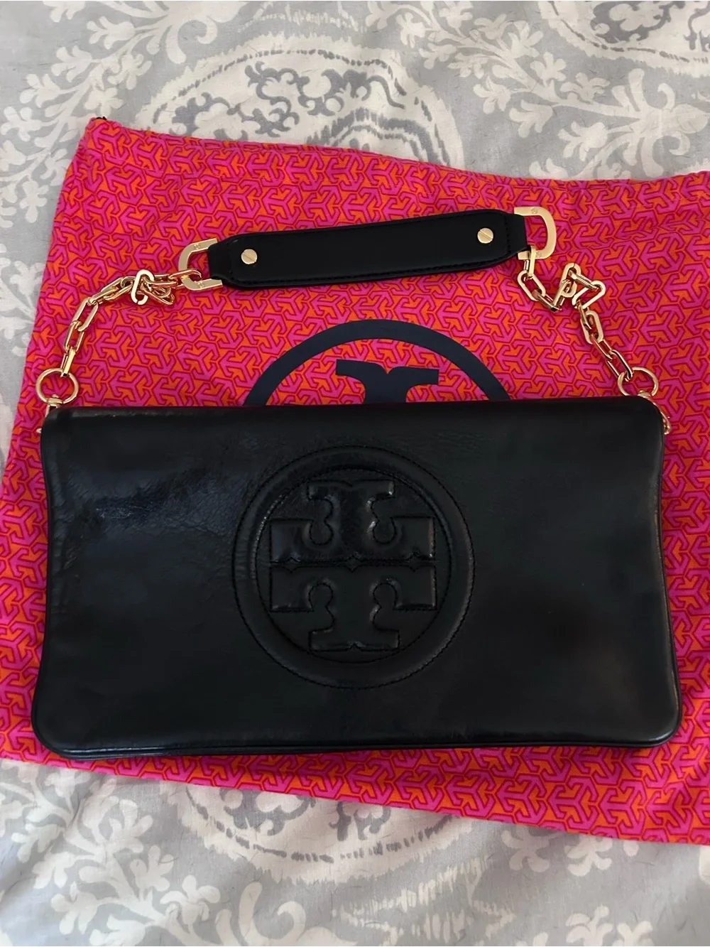 Tory Burch Black Leather Wristlet Clutch with Gold Chain